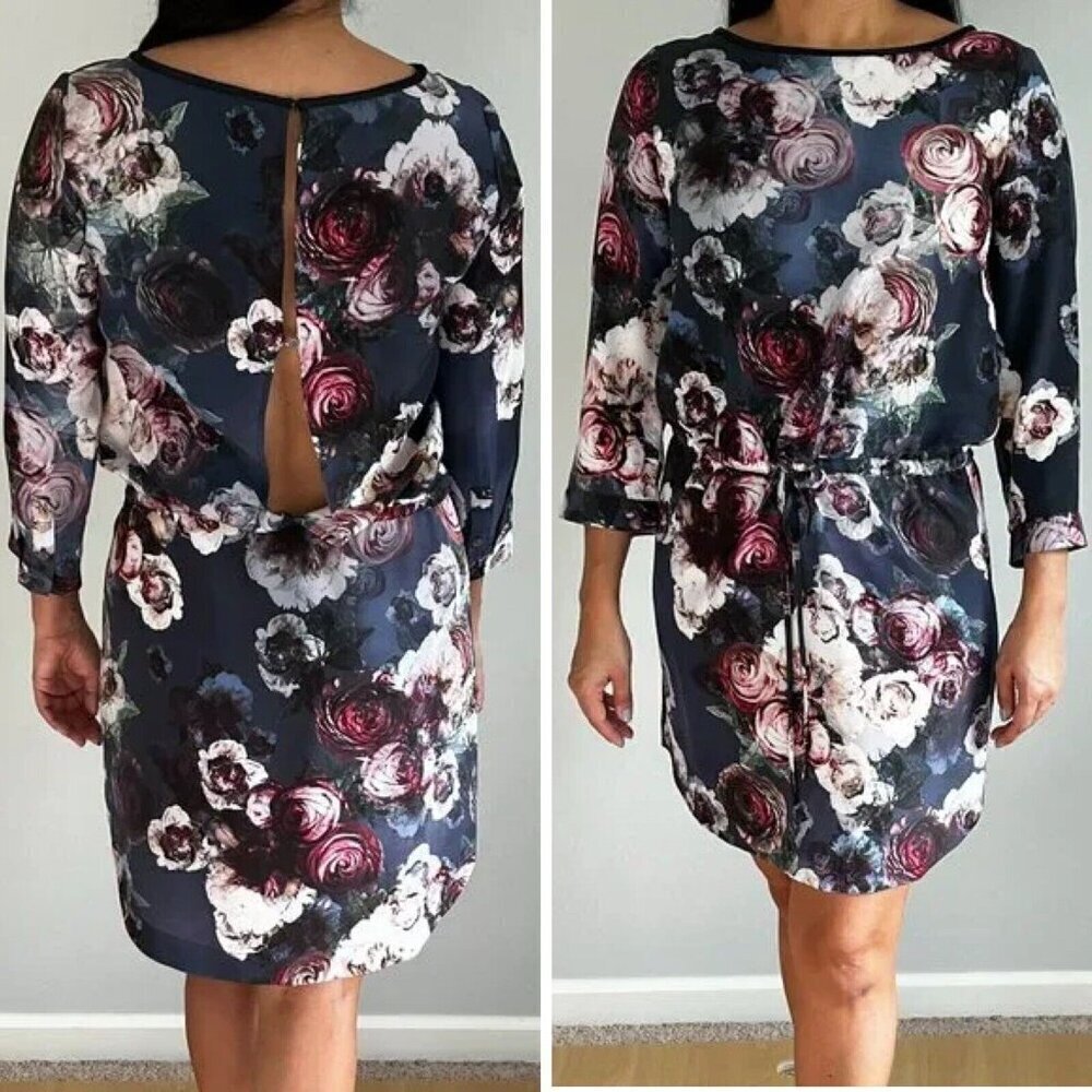 Club Monaco Gray Floral Rose Long Sleeves Silk Mini Dress Size 00